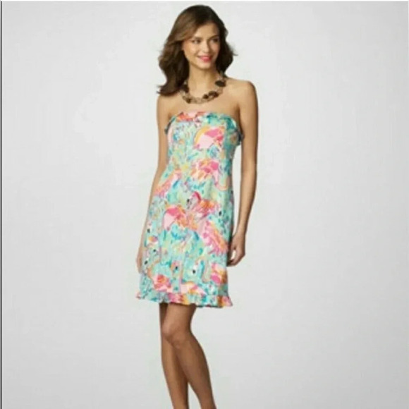 Lilly Pulitzer Franco Printed Flamingo Strapless Summer Beach Dress Size 0 - Picture 1 of 11